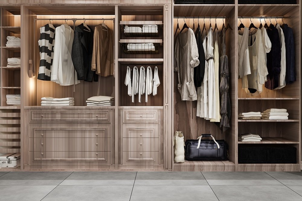 3d rendering minimal scandinavian wood walk in closet with wardrobe